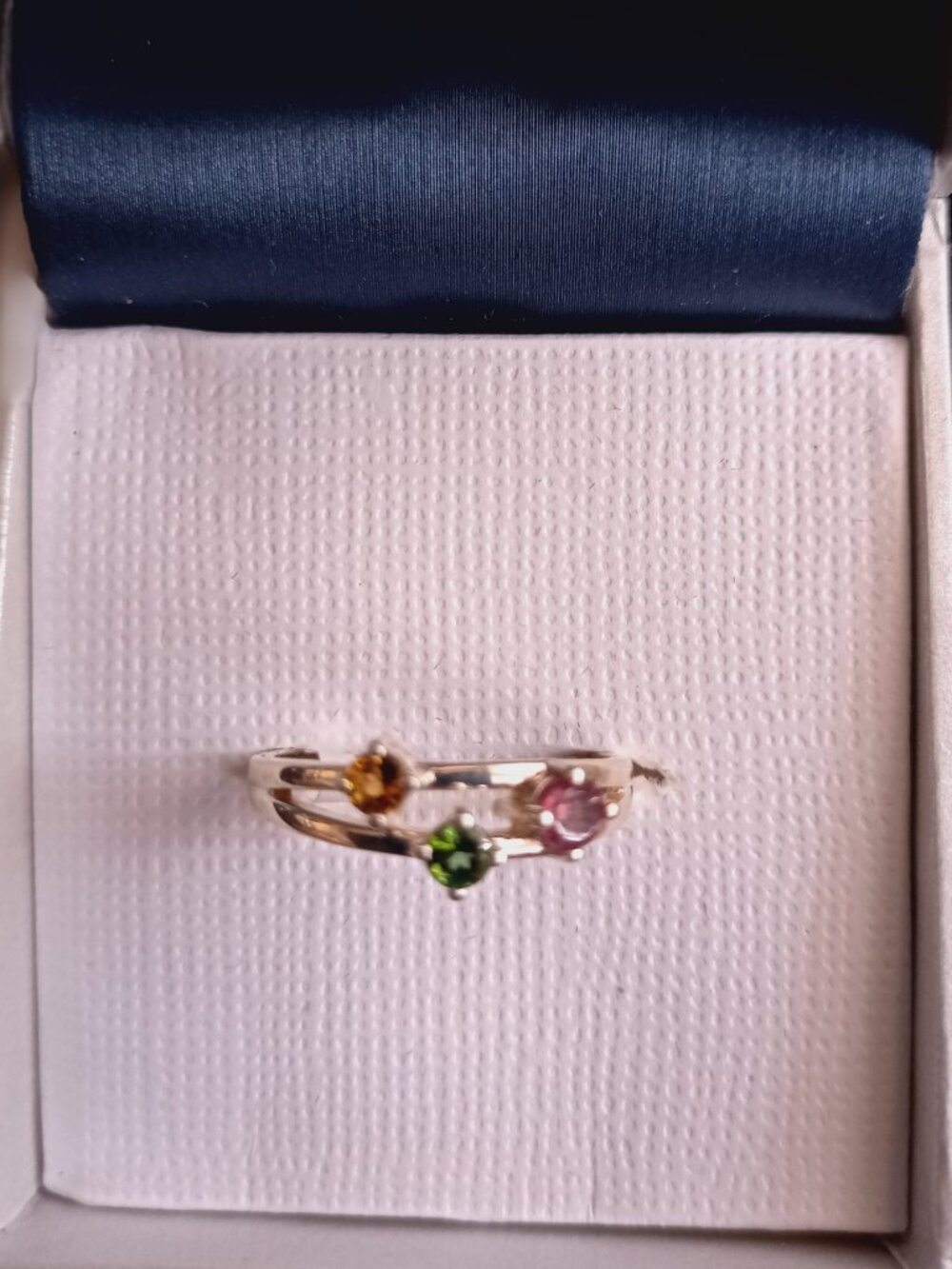 Tricolor tourmaline ring, .925 silver band, size 7